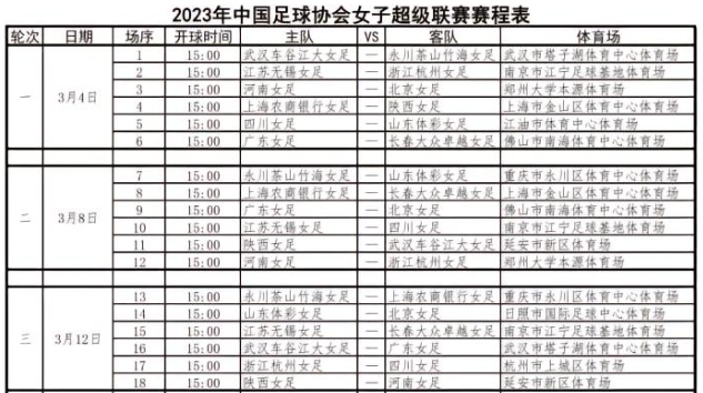 2023 中国足协女子足球超级联赛赛程全览